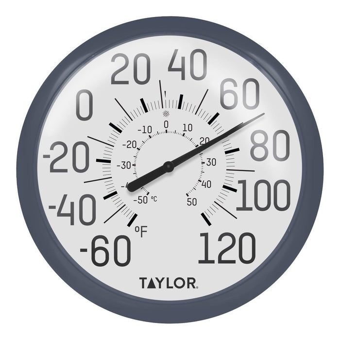 Close-up of a round outdoor thermometer with bold large numbers and Taylor branding