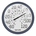 Close-up of a round outdoor thermometer with bold large numbers and Taylor branding