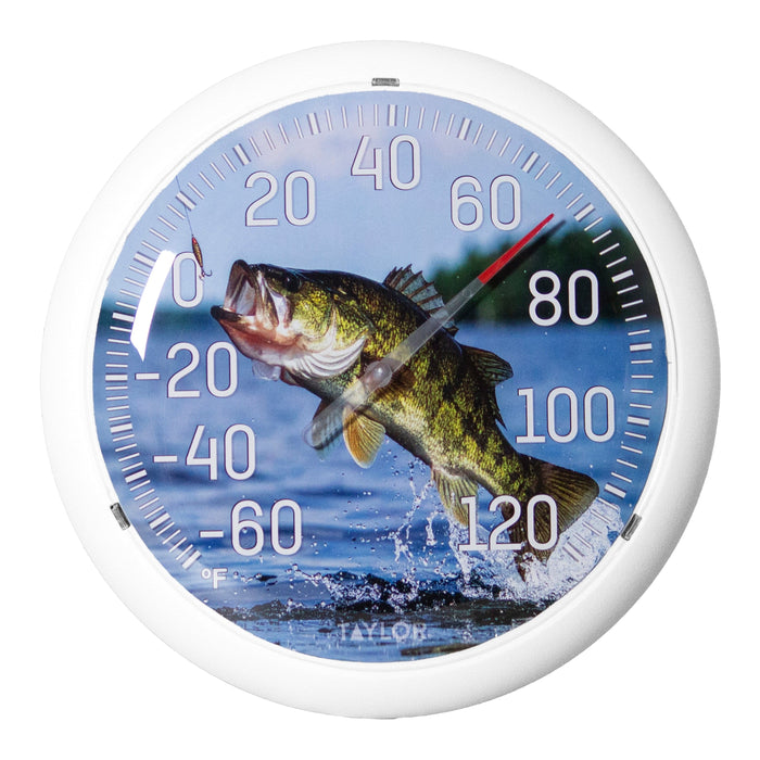 Close-up of a 13.25 inch Jumping Fish Thermometer dial featuring a jumping fish