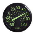 Glow in the dark outdoor thermometer with lime green numbers on a black dial