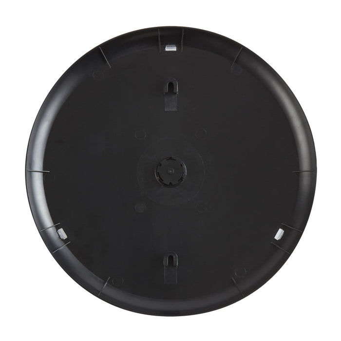 Bottom view of a round black outdoor thermometer base with mounting slots