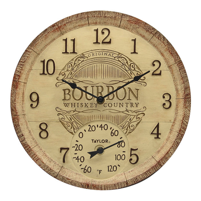 Round rustic bourbon barrel clock with thermometer at bottom and bold black numerals.
