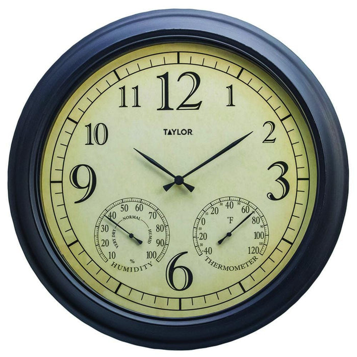 Round bronze metal garden clock with hygrometer and thermometer dials