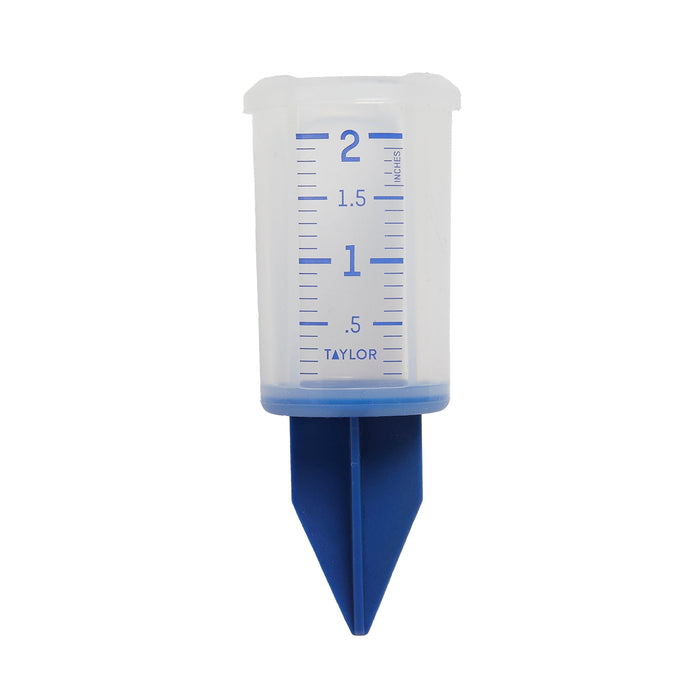 Close up of a 2 inch silicone sprinkler gauge with blue measurement marks and Taylor branding.