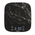 Front view of a black marble digital kitchen scale with unit and tare buttons