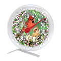 6 inch round indoor outdoor thermometer featuring cardinals among flowers in a white frame
