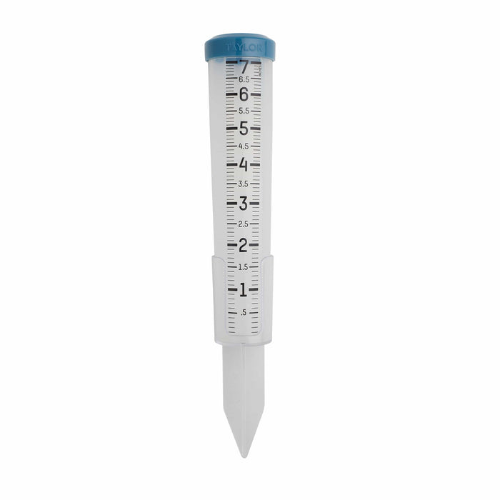 7 inch silicone rain gauge with blue lid and clear tube marked with measurement lines