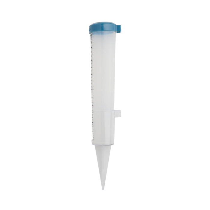 7 inch silicone rain gauge with blue cap mounted on a tall white tube.