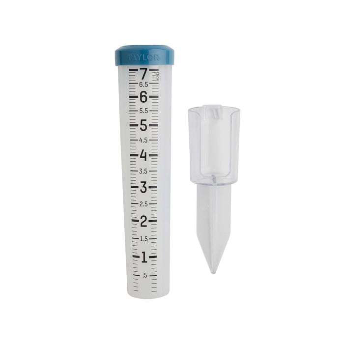 Taylor 7 inch rain gauge with blue lid and large black measurement marks on a clear tube.