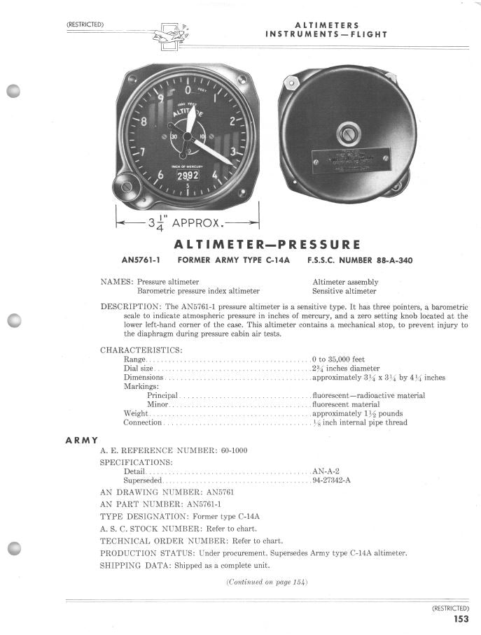 Altimeter, Sensitive, AN-5761-1, 35,000 ft, US Navy WWII TBM Avenger