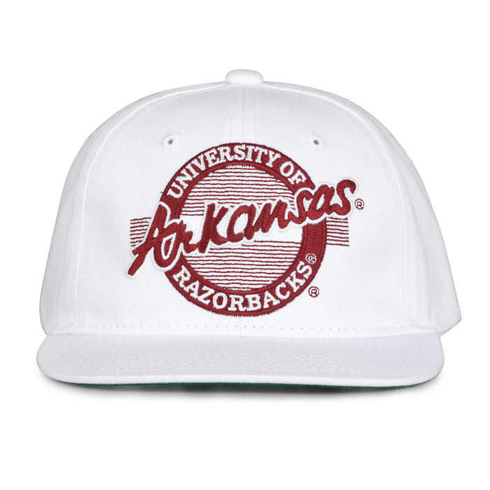 Arkansas Retro Circle snapback hat in white, front view
