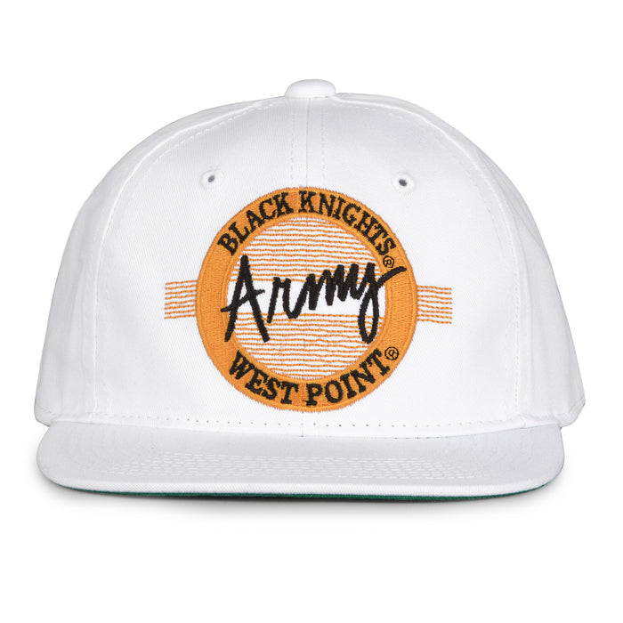 Army Retro Circle snapback hat in white, front view
