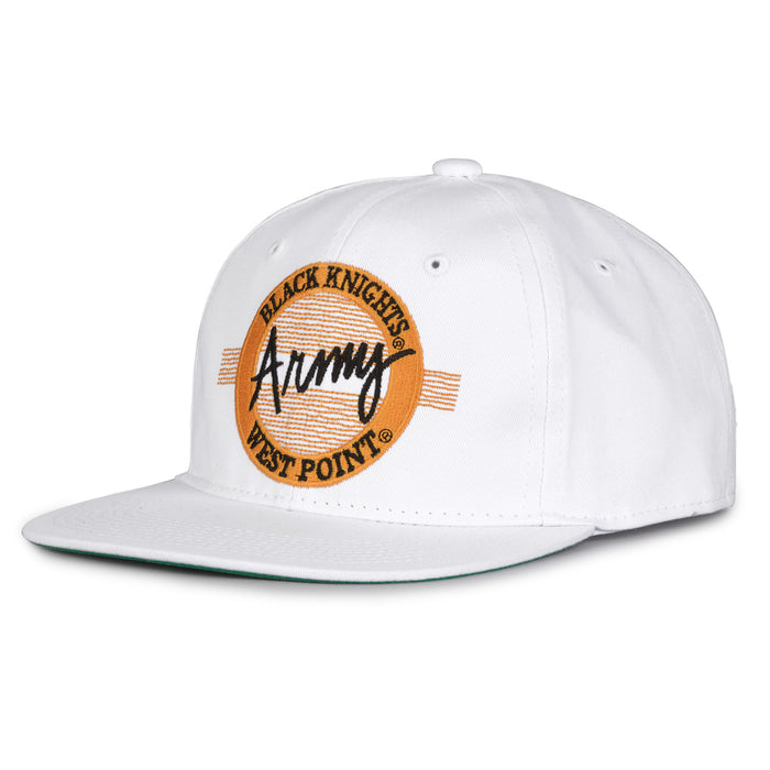 Army Retro Circle snapback hat in white, angled view