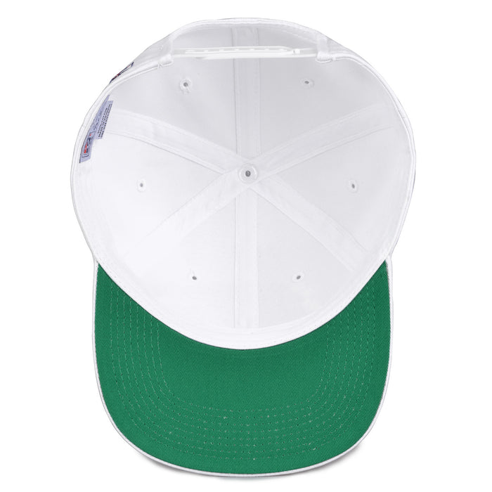 Army Retro Circle snapback hat in white, interior view showing the green undervisor