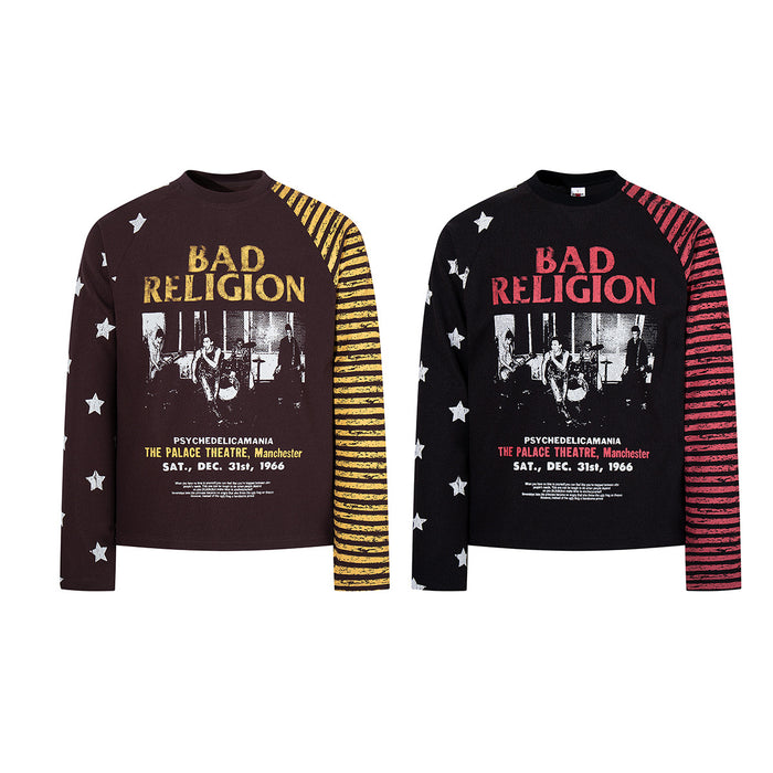 Two long sleeve graphic tees shown from the front in brown with yellow stripes and black with red stripes