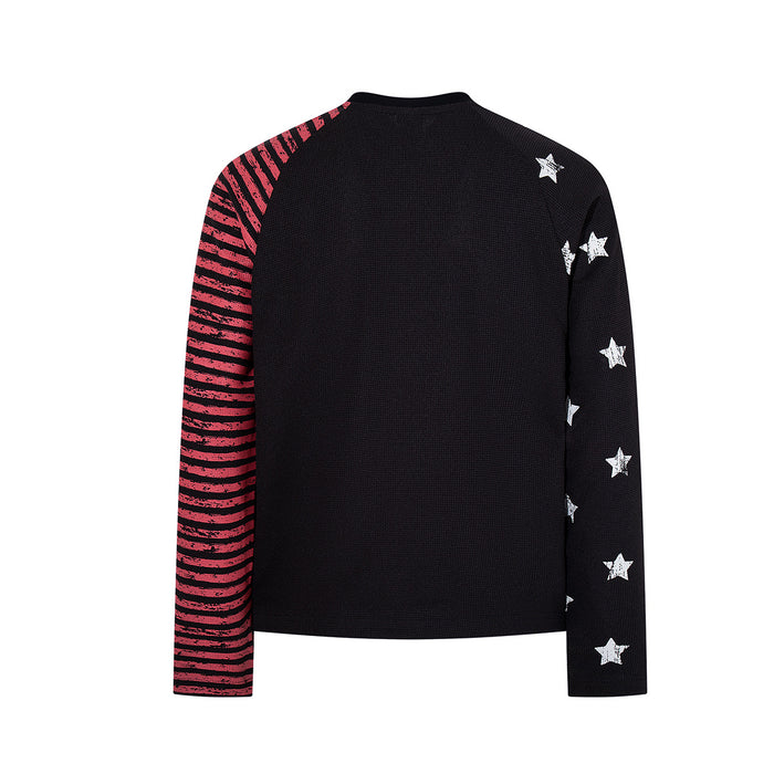 Black long sleeve tee shown from the back with red striped left sleeve and white star details on the right sleeve