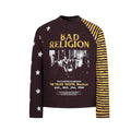 Brown long sleeve graphic tee front with yellow Bad Religion text, concert graphic, stars, and striped sleeve