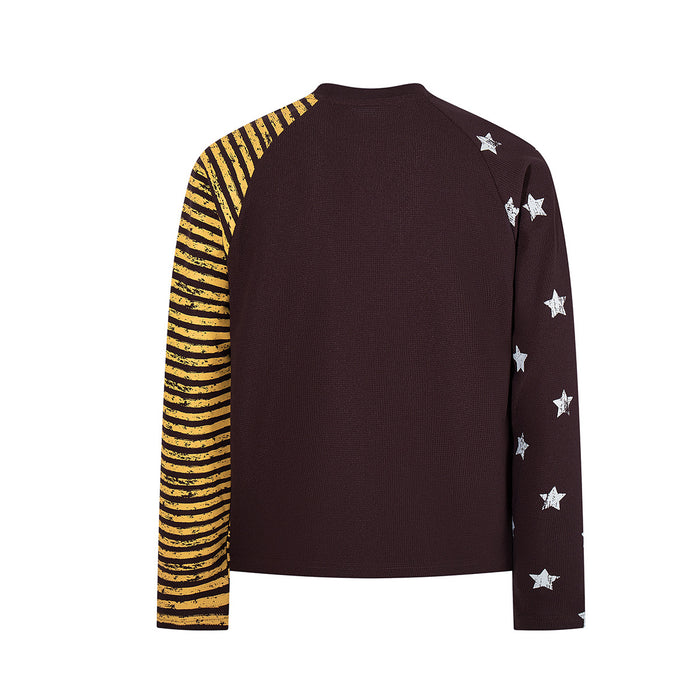 Brown long sleeve tee shown from the back with a yellow striped left sleeve and white star details on the right sleeve