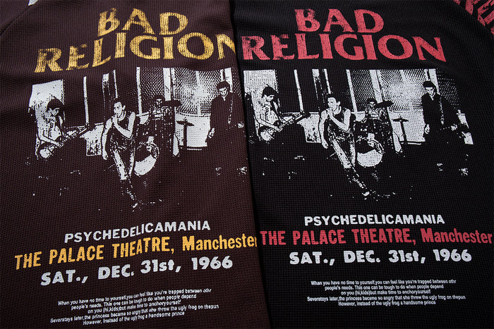 Close-up of brown and black tee fronts showing concert graphics, Bad Religion text, and contrasting event lettering