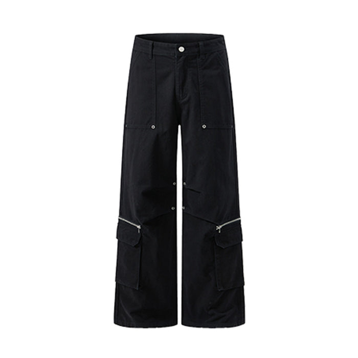 Front flat lay of black wide-leg cargo pants with a button fly, angled pockets, snap details, and zippered cargo pockets