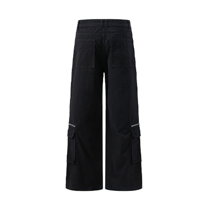 Back flat lay of black wide-leg cargo pants with two rear patch pockets and lower side cargo pockets