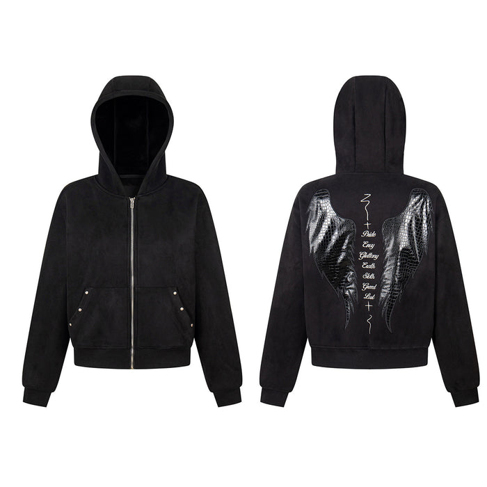 Black zip-up hoodie shown front and back, with silver angel wings and vertical seven deadly sins graphic on the back