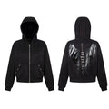 Black zip-up hoodie shown front and back, with silver angel wings and vertical seven deadly sins graphic on the back