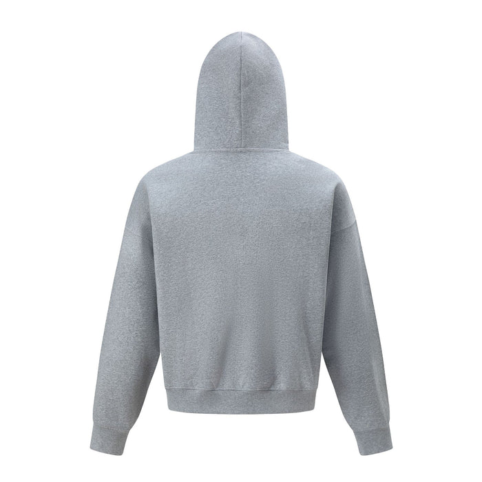 Back view of a gray oversized hoodie showing the plain body, hood, sleeves, cuffs, and ribbed hem
