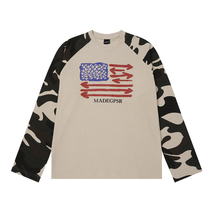 MADEGPSR camo raglan long sleeve shirt with arrow flag graphic on chest, shown in cream colorway