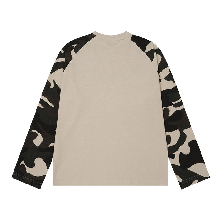 Back view of the beige raglan shirt with black and beige camouflage sleeves
