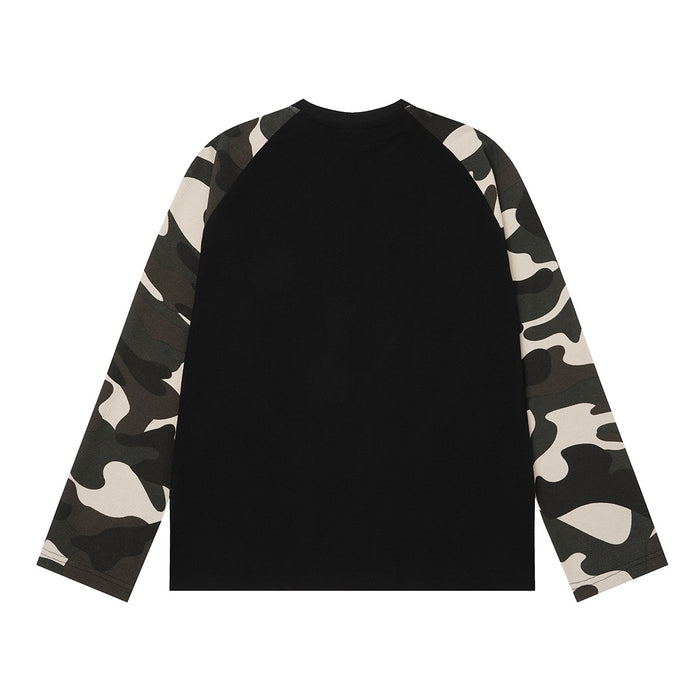 Back view of the black raglan shirt with contrasting camouflage sleeves