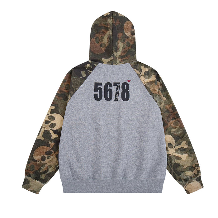 Back view of a gray hoodie with camouflage skull-print sleeves, hood, and black 5678 graphic