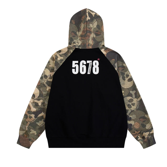 Back view of a black hoodie with camouflage skull-print sleeves and white 5678 graphic