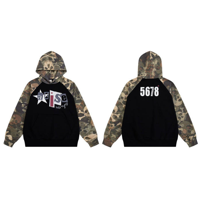 Front and back views of a black hoodie with camouflage skull-print sleeves and graphic details