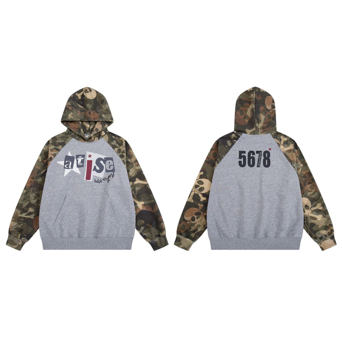 Front and back views of a gray hoodie with camouflage skull-print sleeves and chest and back graphics