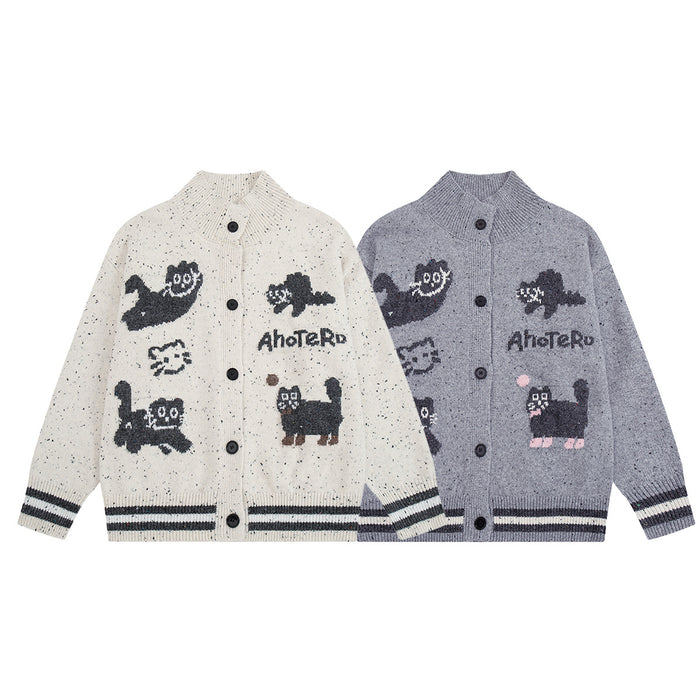 Cartoon Cat Jacquard Knit Cardigan Sweater – Varsity-Trim Button-Up