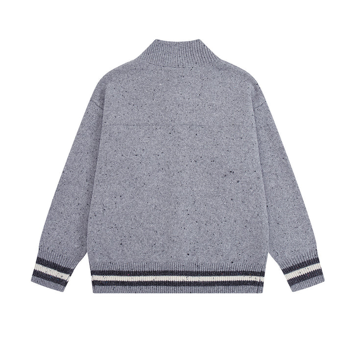 Cartoon Cat Jacquard Knit Cardigan Sweater – Varsity-Trim Button-Up