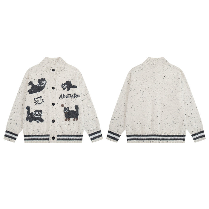 Cartoon Cat Jacquard Knit Cardigan Sweater – Varsity-Trim Button-Up