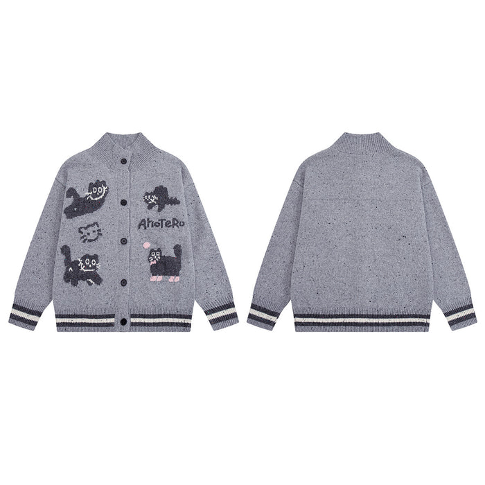 Cartoon Cat Jacquard Knit Cardigan Sweater – Varsity-Trim Button-Up