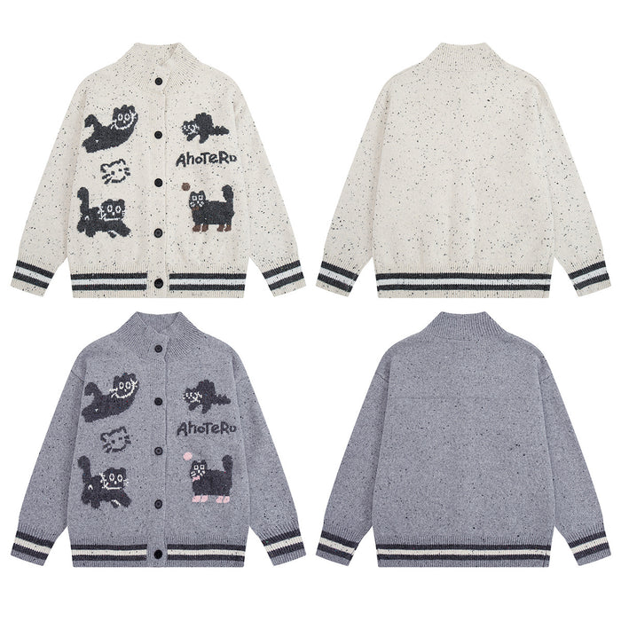 Cartoon Cat Jacquard Knit Cardigan Sweater – Varsity-Trim Button-Up