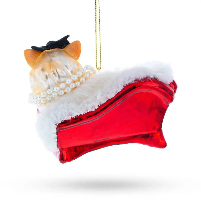 Cat in Pearl Necklace Lounging On Sofa Glass Ornament