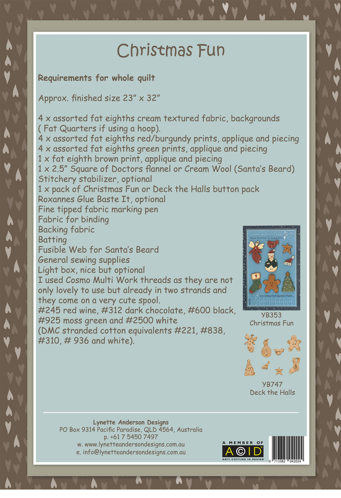 Christmas Fun Wall Hanging by Lynette Anderson Pattern Back