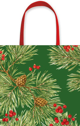 Christmas Gift Bag -Sm Sq -Evergreen And Berries