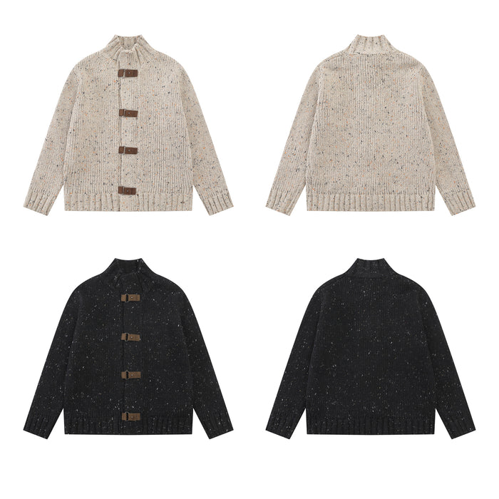 Black and speckled beige chunky knit cardigans shown in front and back views with leather buckle closures