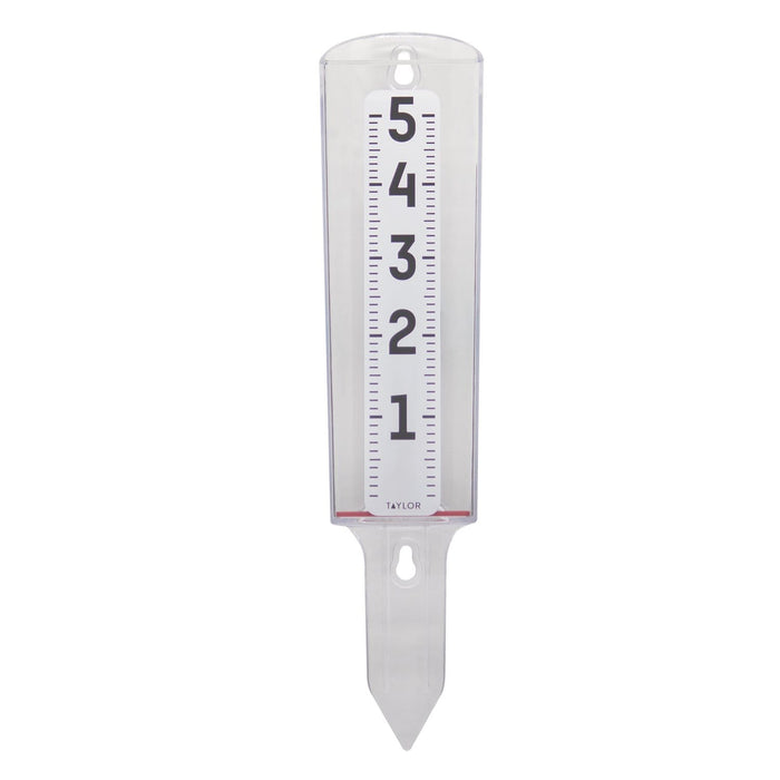 ClearVu Rain Gauge in clear plastic housing with mounting tab against a white background