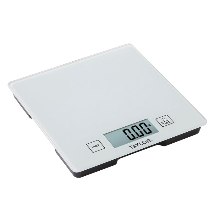 Compact digital kitchen scale with rounded edges and glass weighing surface.