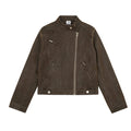Cropped PU leather moto biker jacket with asymmetric zip and snap collar in coffee brown and washed black