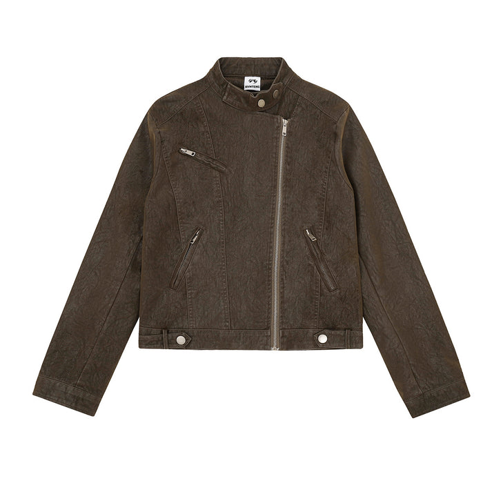 Cropped PU leather moto biker jacket with asymmetric zip and snap collar in coffee brown and washed black