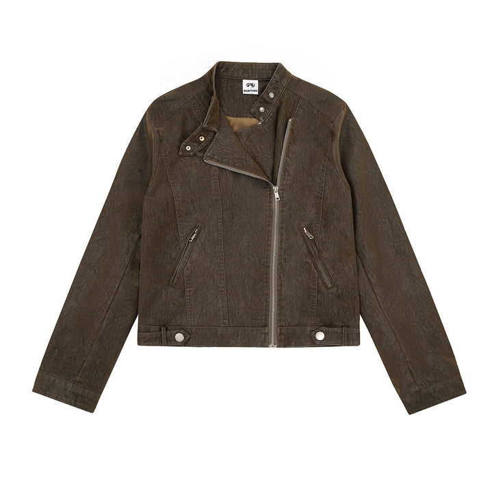Front view of a distressed brown cropped moto jacket with asymmetric zipper, notched lapel, and zip pockets