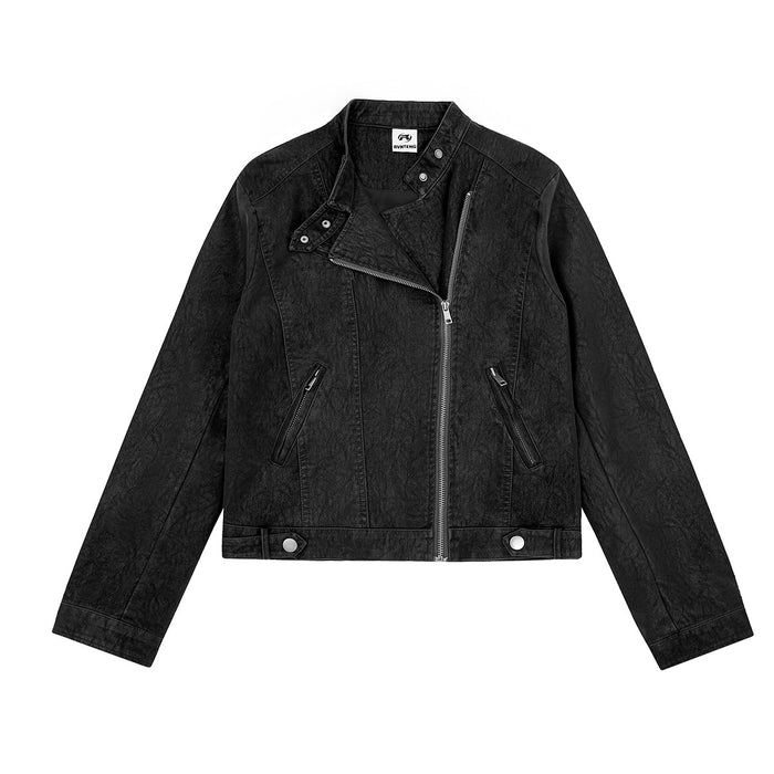 Front view of a distressed black cropped moto jacket with asymmetric zipper, notched lapel, and zip pockets